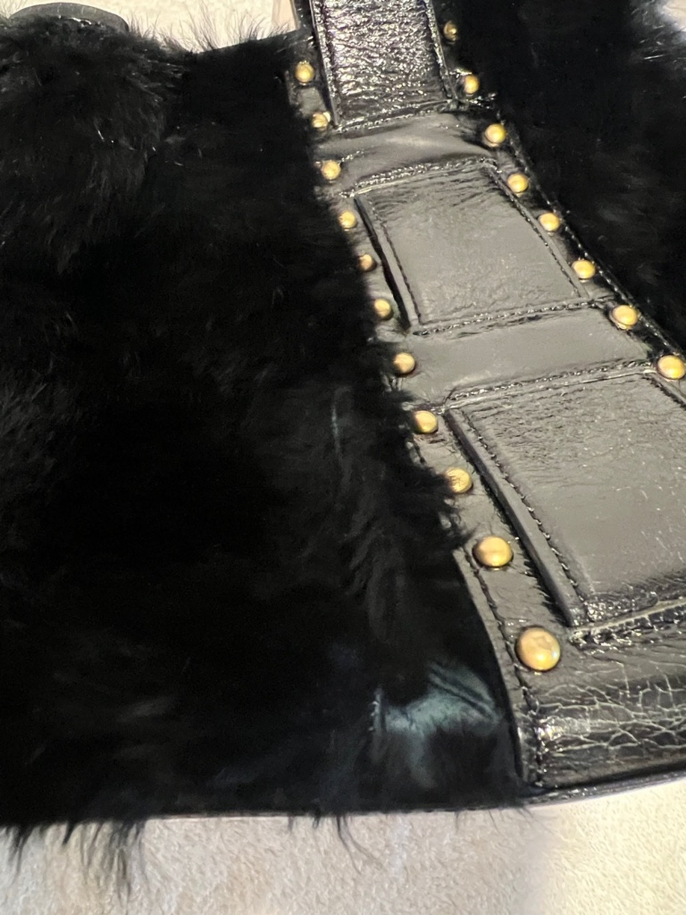 Kenneth Cole Black Rabbit Fur and leather bag with Studded Trim. - Picture 5 of 7